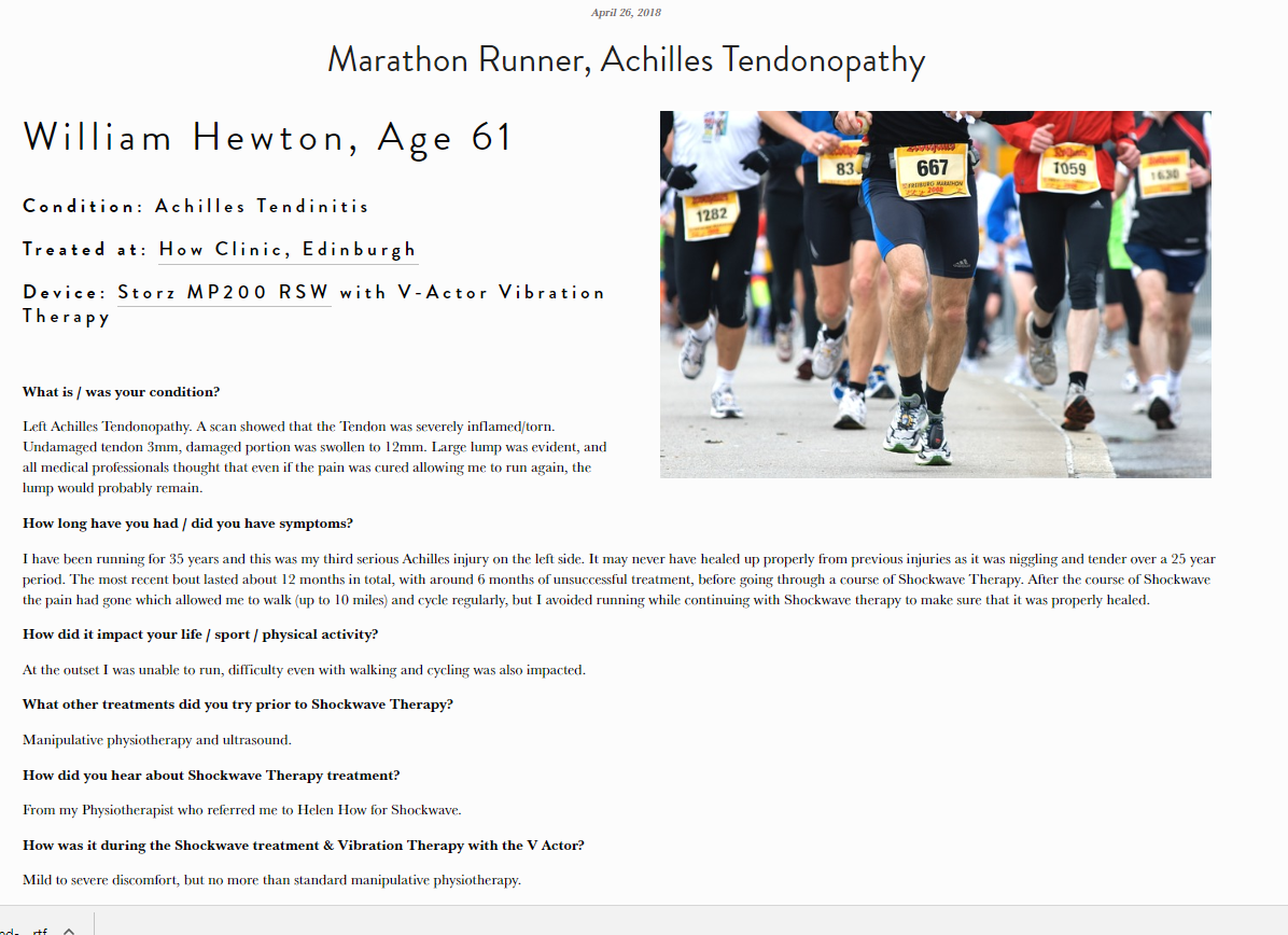 Chronic Achilles Tendon Shockwave Stories  61 year old Marathon Runner